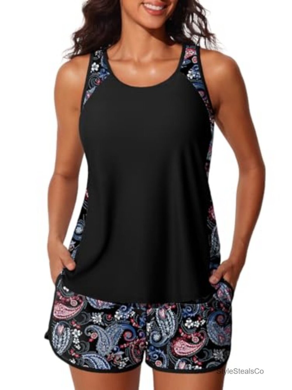 Women's Tankini Set with Swim Shorts Tummy Control Padded Bra Pockets Athletic